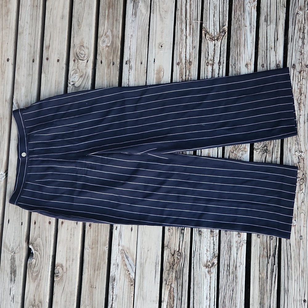 Lauren Ralph Lauren Pinstripe Navy Blue White Pants Button Silk 4 Work Wide Leg